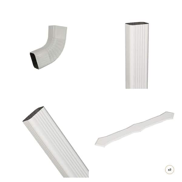 2 in. x 3 in. White Aluminum Downspout B-Elbow, 10 ft. Downspout, 15 in. Extension and Downspout Band (2-Count)