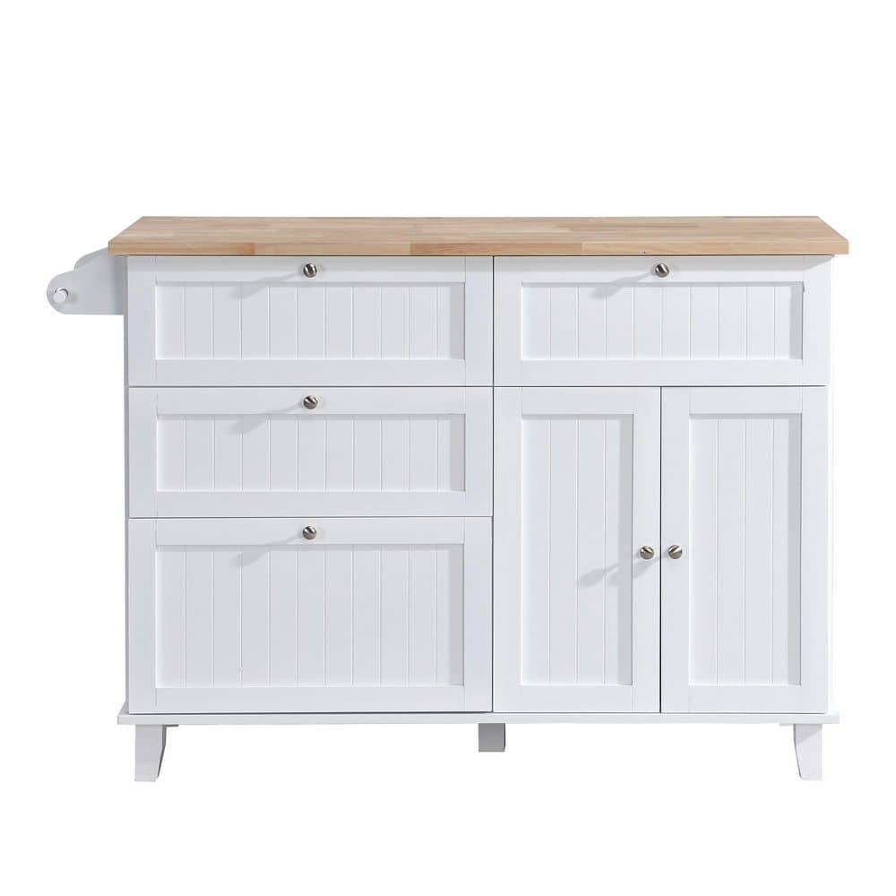 White Wood 50.3 in. Kitchen Island Cart with 2 Dining Stools, Drop Leaf, 4 Drawers, Adjustable Shelf, and Towel Rack