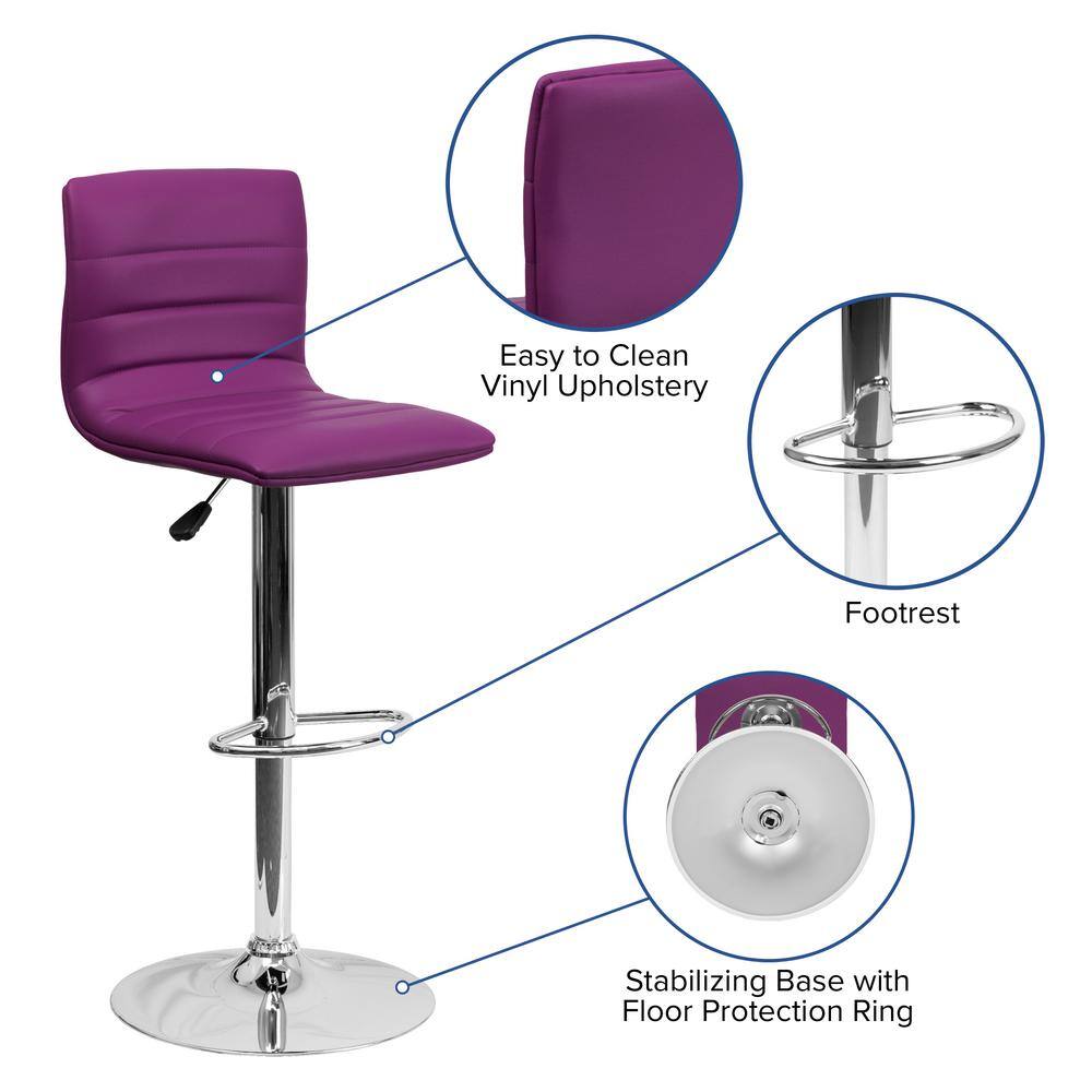 Modern Purple Vinyl and Chrome Adjustable Swivel Barstool