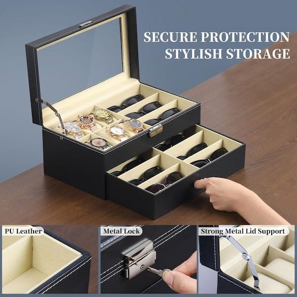 6-Watch and 9-Glasses Storage Box-Lockable Leather Organizer
