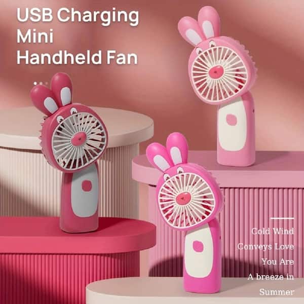 Adrinfly - Cartoon Rabbit Battery Operated 3 in. 1 fan speeds Desk Fan in Pink, USB Rechargeable, Cool Wind And Low Noise