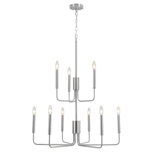 9-Light 2 Tier 29.5 in. Nickel Industrial Adjustable Candle style Chandelier for Hall Stairway