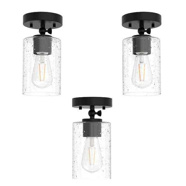 YANSUN 5 in. 1-Light Black Semi-Flush Mount Ceiling Light w/ Glass Shade, Convertible to Pendant Light and Wall Sconce (3-Pack)