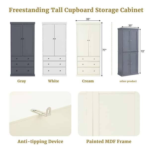 Adrinfly 35 in. W x 17.7 in. D x 77 in. H in Cream MDF Ready to Assemble Kitchen Cabinet with 3 Adjustable Shelves and 3-Drawers
