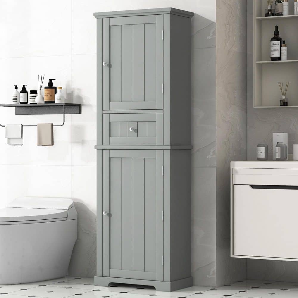 22 in. W x 11 in. D x 67.3 in. H Gray MDF Freestanding Linen Cabinet with Adjustable Shelves, Drawers, Predrilled price history on PriceWatchPro