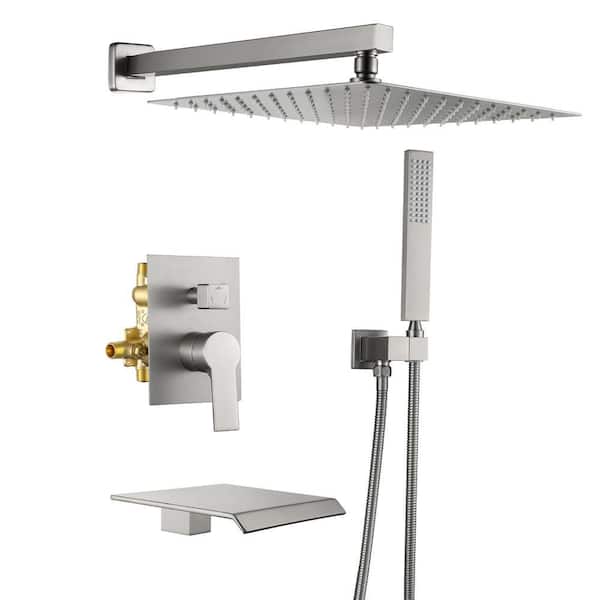 Single Handle 3-Spray Tub and Shower Faucet 12 Inch Rain Shower with Tub Spout 2.5 GPM in. Brushed Nickel Valve Included