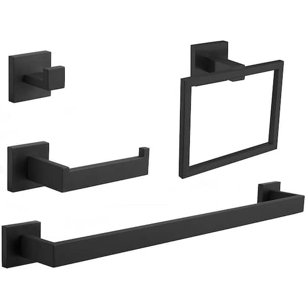 4-Piece Bath Hardware Set Black Bathroom Accessories with towel bar Toilet Paper Holder Towel Ring in Matte Black