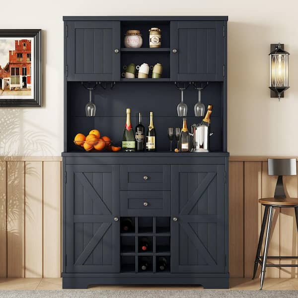 Farmhouse Antique Blue 9-Bottle Bar Cabinet with Glass Racks, Wood 47.32 in. W Buffet with Wine Storage