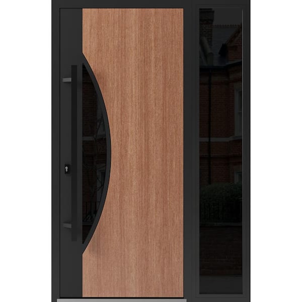 VDOMDOORS 1077 48 in. x 80 in. Right-hand/Inswing Sidelight Tinted Glass Teak Steel Prehung Front Door with Hardware