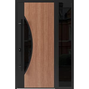 1077 50 in. x 80 in. Right-hand/Inswing Sidelight Tinted Glass Teak Steel Prehung Front Door with Hardware