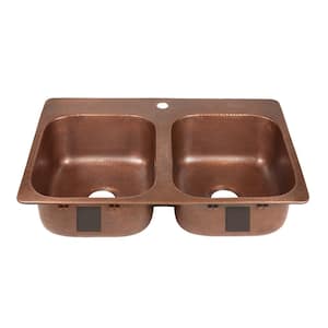 Santi Drop-In Handmade Pure Solid Copper 33 in. 50/50 1-Hole Double Bowl Copper Kitchen Sink in Antique Copper