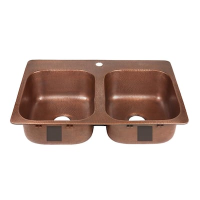 Santi Drop-In Handmade Pure Solid Copper 33 in. 50/50 1-Hole Double Bowl Copper Kitchen Sink in Antique Copper