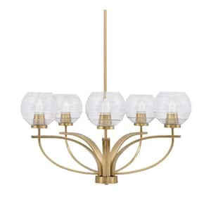 Olympia 5-Light New Age Brass Round Chandelier with 6 in. Clear Ribbed Glass Shades, No bulbs included