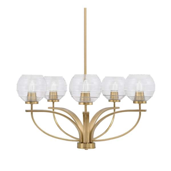 Unbranded Olympia 5-Light New Age Brass Round Chandelier with 6 in. Clear Ribbed Glass Shades, No bulbs included