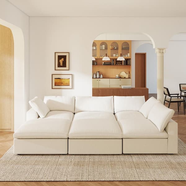 118 in. Modular White Linen Down Filled Queen Size 4-Seat Convertible Sleeper Sofa Bed with 2 Ottomans, Washable Covers