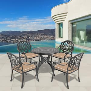 Elizabeth Black 5-Piece Cast Aluminum Outdoor Dining Set with Round Table, Dining Chairs and Random Color Seat Cushion