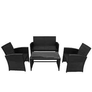 Amiel Black 4-Pieces Wood Outdoor Loveseat and Chairs Patio Furniture Set with White Cushions