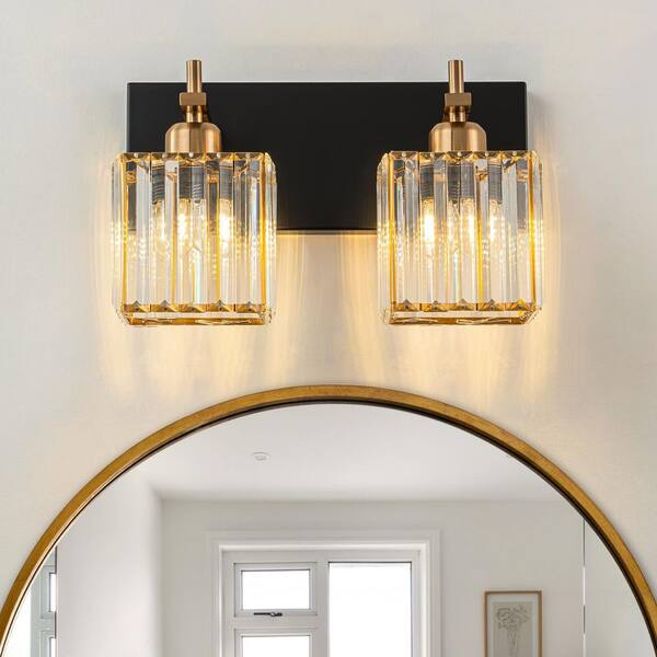 EDISLIVE Orillia 12.6 in. 2-Light Black and Gold Bathroom Vanity Light with Square Shape Crystal Shade Wall Sconce Over Mirror