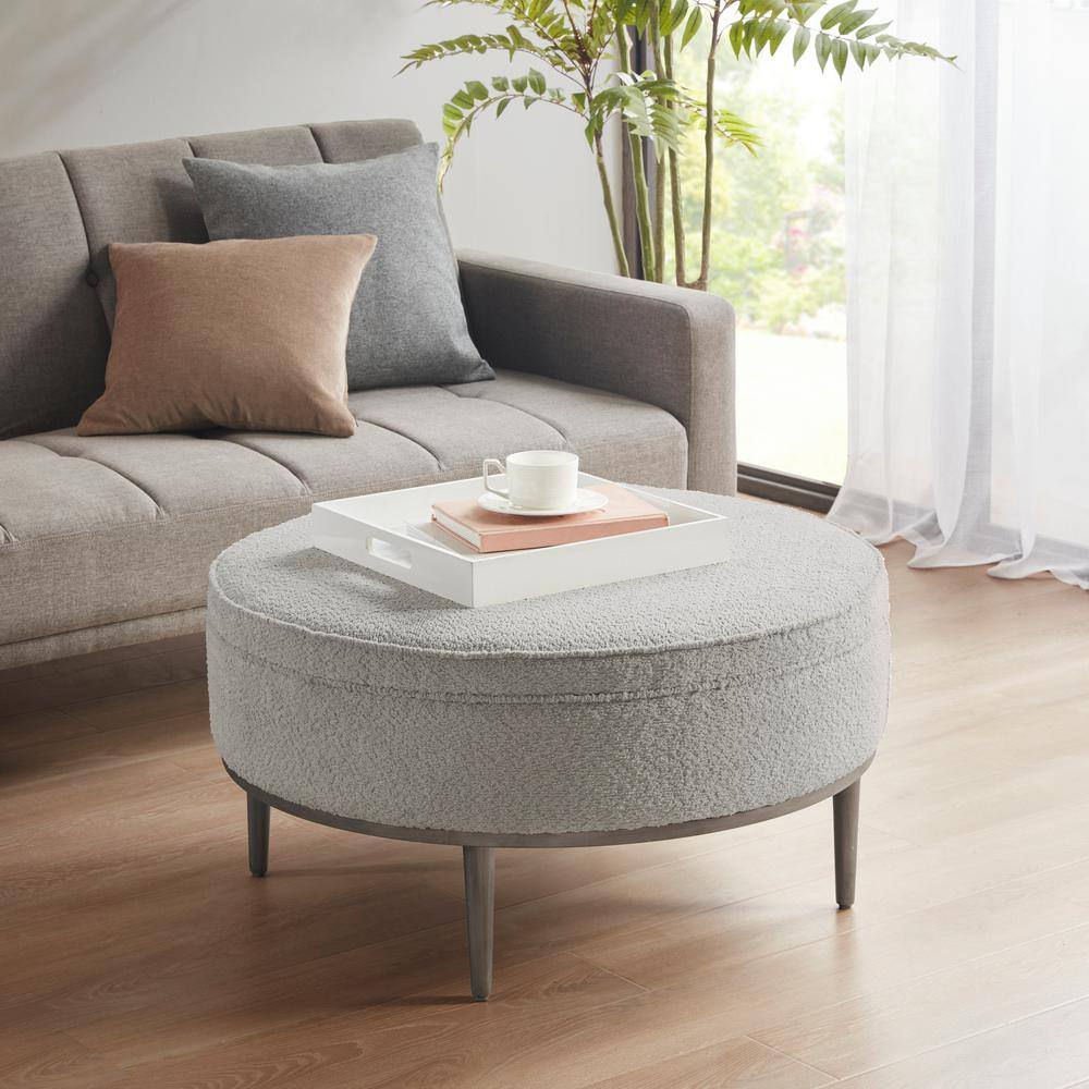 Harriet Gray Upholstered Round Cocktail Ottoman with Metal Base