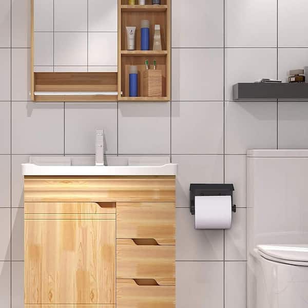 Wall-Mount Double Post Toilet Paper Holder with Phone Shelf Holders Tissue Roll Holder Hangers Stand In Matte Black