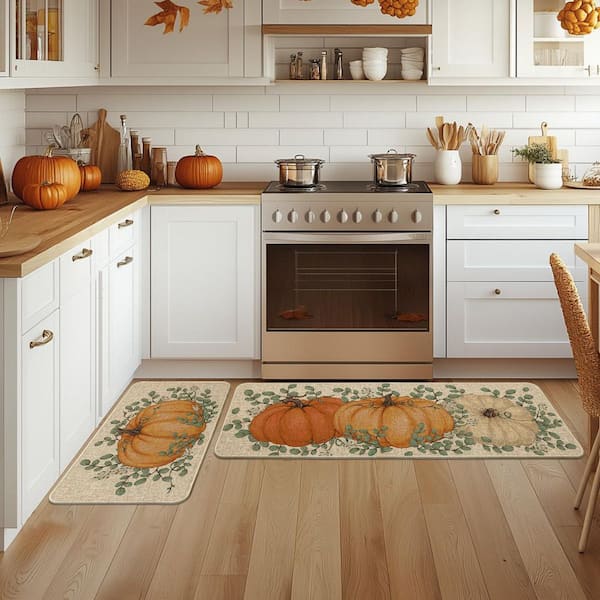 Pumpkin Eucalyptus Fall Indoor Kitchen Mats Set of 2 Orange (17 in. x 29 in. + 17 in. x 47 in. )