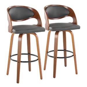 Pino 29.5 in. Grey Faux Leather, Walnut Wood and Black Metal Fixed-Height Bar Stool with Round Footrest (Set of 2)