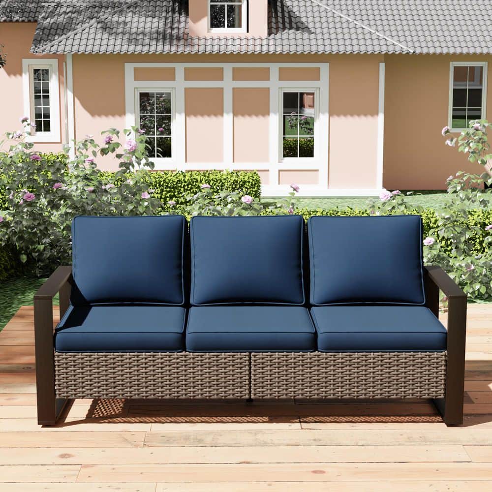 3-Seat Wicker Outdoor Couch Patio Steel Frame Sofa with Dark Blue Cushions price history on PriceWatchPro