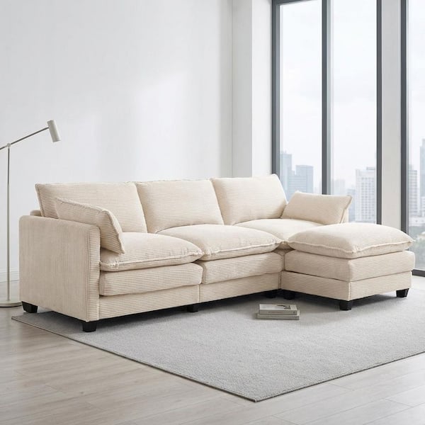 102 in. Square Arm 2-Piece Corduroy L-Shaped Sofa with Movable Ottoman Sectional Sofa in. Yellow