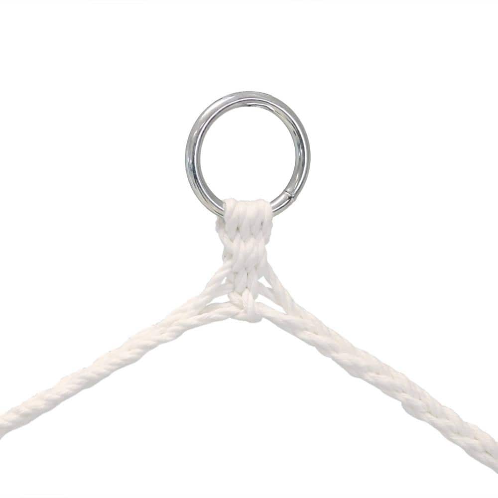 Close-up of the silver metal hanging ring and white braided ropes of the hammock chair.