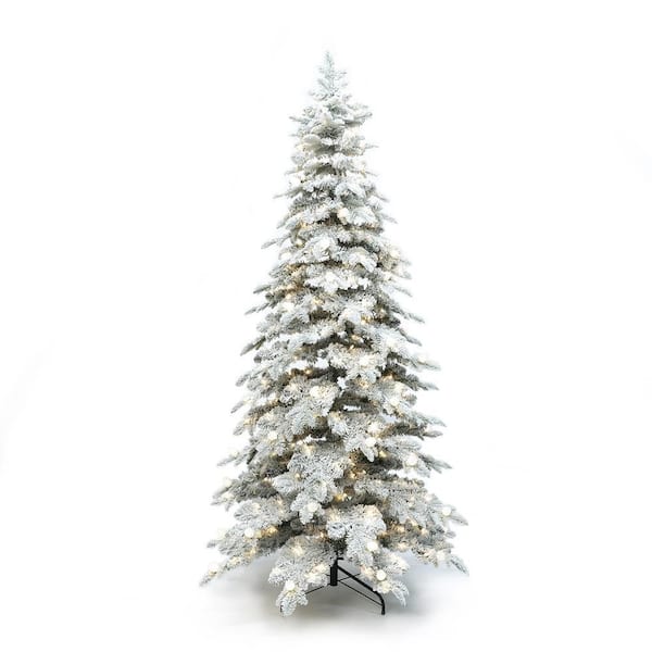 7 ft. PreLit Flocked Slender Artificial Christmas Tree with Adjustable Lights and Metal Stand