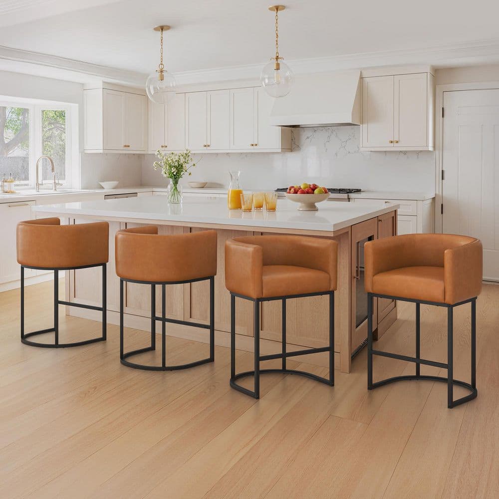32.5 in. H Brown and Black Bar Stool Low Back Metal Frame Kitchen Counter Chair with Faux Leather Seat (Set of 4)