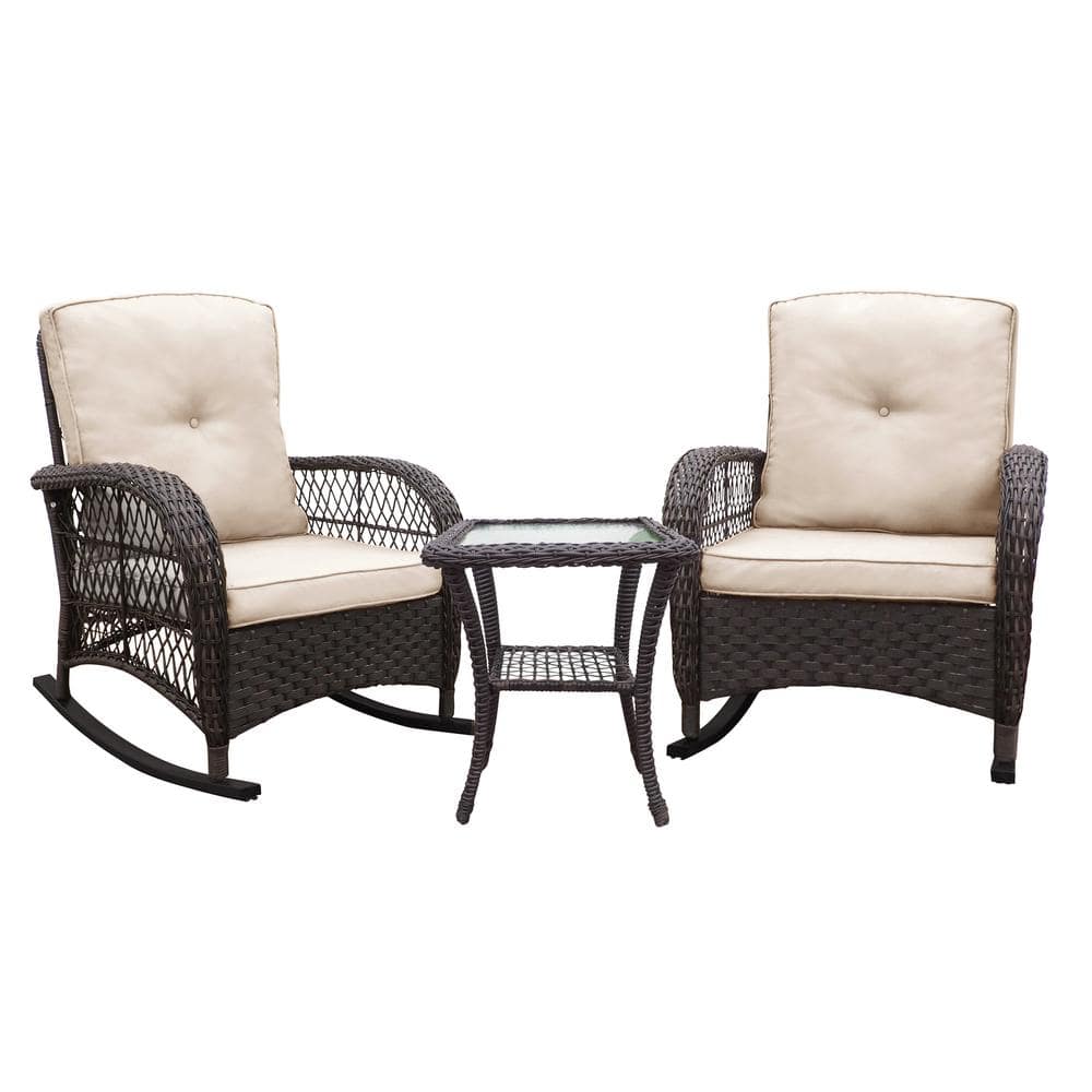 3-Piece Dark Brown Wicker Outdoor Rocking Chair Set with Beige Cushions, Glass Top Side Tablefor Backyard, Porch, Garden price history on PriceWatchPro