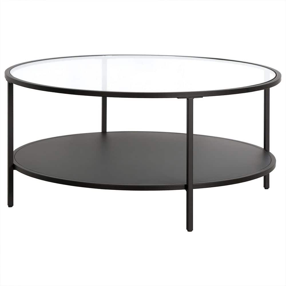 Blackened Bronze Round Coffee Table with Glass Top and Metal Shelf, 36"