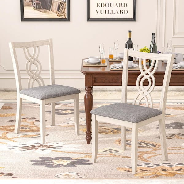 VECELO Farmhouse Dining Chairs Set of 2, Upholstered Gray Dining Chair with Lattice Back, Wooden Frame