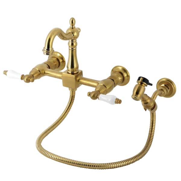 Heritage 2-Handle Wall Mount Standard Kitchen Faucet in Brushed Brass