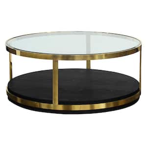 44 in. Brushed Gold Round Glass Coffee Table with Storage