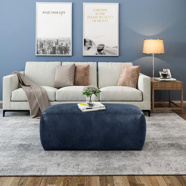 Denver Midnight Blue Rectangle Leather Ottoman