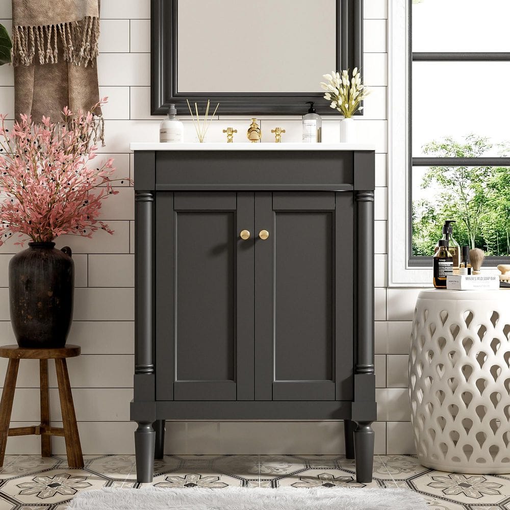 24 in. Single Sink Freestanding Black Bath Vanity with White Ceramic Sink Top, Large Storage Shelves price history on PriceWatchPro