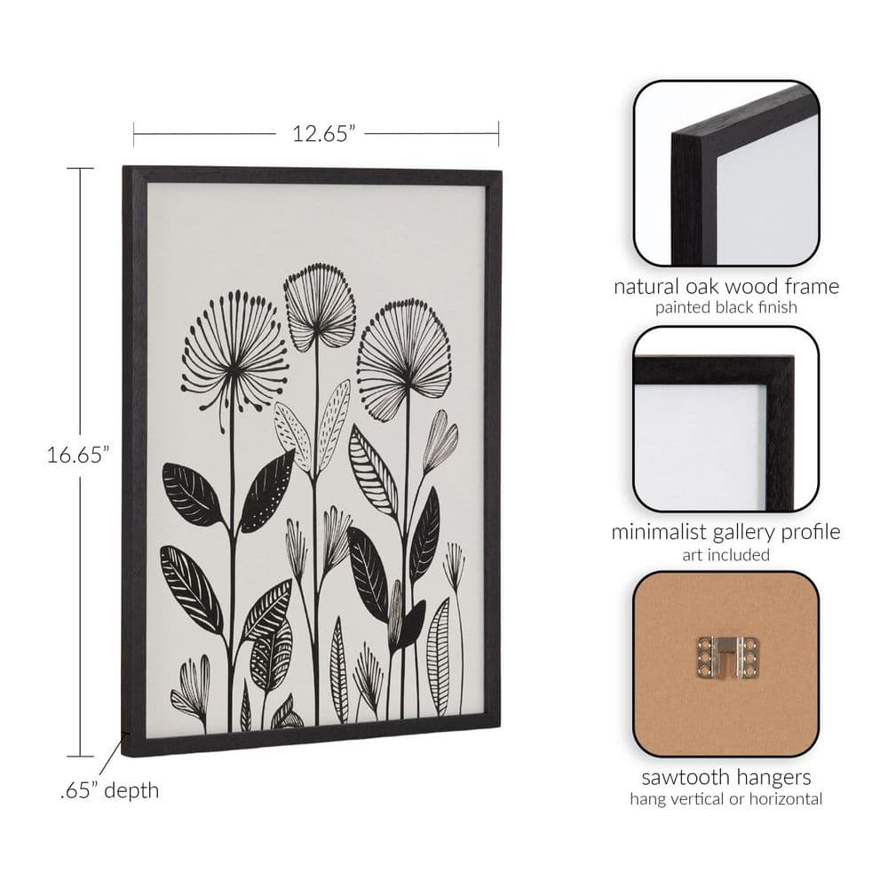 Black and White Modern Linocut Botanical Print in Solid Wood Frame