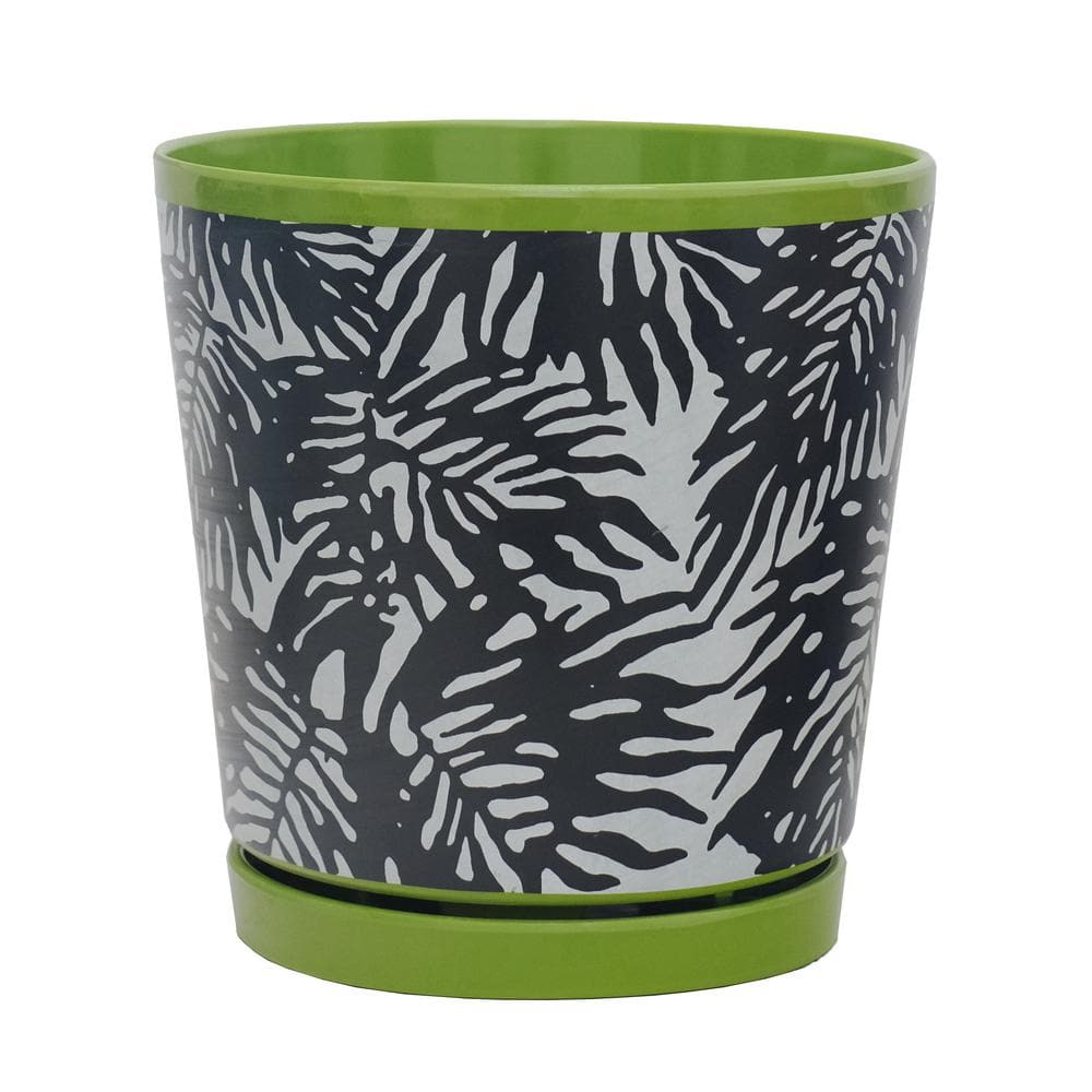 Mpg 8 75 In L X 8 75 In W X 9 In H Black Palm Leaf Pattern Melamine Pot With In Line Saucer