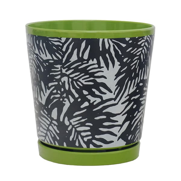 MPG 8.75 in. L x 8.75 in. W x 9 in. H Black Palm Leaf Pattern Melamine Pot with In-Line Saucer