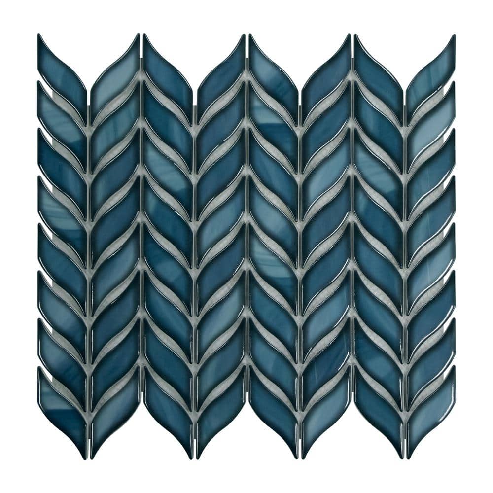 11.3" x 10.7" Blue Glazed Leaf Waterjet Recycled Glass Mosaic Tile