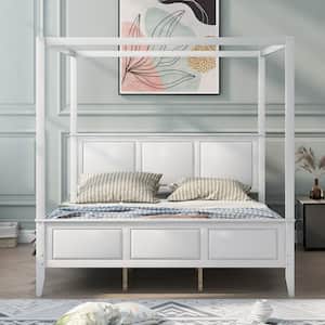White King Size Canopy Platform Bed with Headboard and Footboard Solid Wood Canopy Bed with 4-Posters