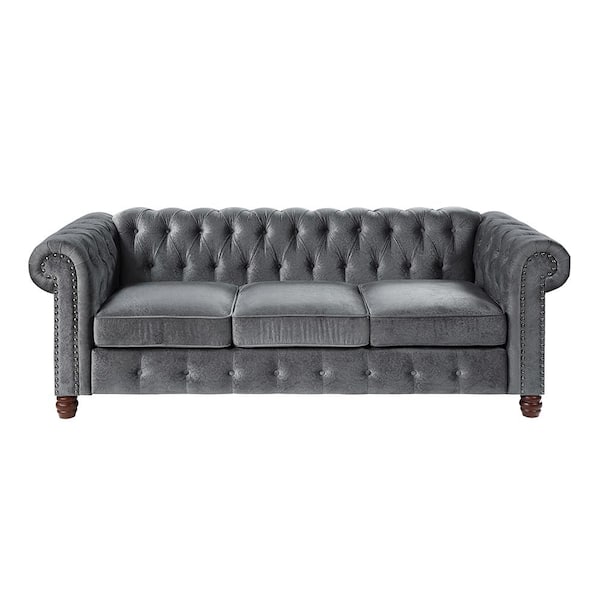 Lazzara Clifton 85.5 in. W Rolled Arm Velvet Rectangle Sofa in. Dark Gray