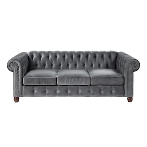 Clifton 85.5 in. W Rolled Arm Velvet Rectangle Sofa in. Dark Gray