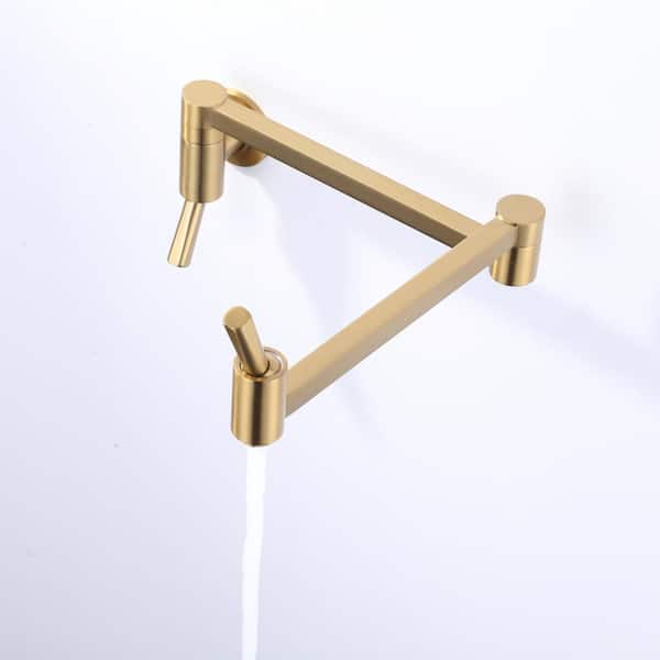 Brass Wall Mount Pot Filler with Double Vertical Handle, 2-Aerators and Swing Arms Kitchen Faucet in Gold
