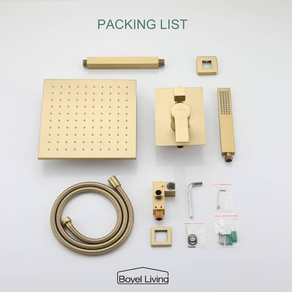 1-Spray Patterns with 2.38 GPM 12 in. Ceiling Mount Dual Shower Heads with Rough-In Valve Body and Trim in Brushed Gold 1-Spray Patterns with 2.38 GPM 12 in. Ceiling Mount Dual Shower Heads with Rough-In Valve Body and Trim in Brushed Gold