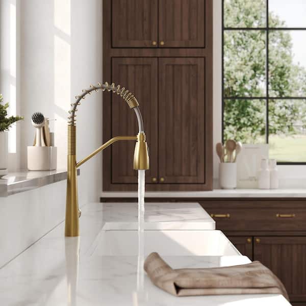 20 in. Height 360° Spout Swivel Spring Single Handle Pull Out Sprayer Faucet with Stainless Steel in Brushed Gold