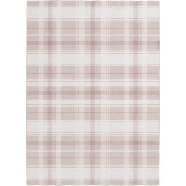 Wipe Up Amretan Beige Washable 5 ft. x 7 ft. Plaid Polyester Indoor Area Rug