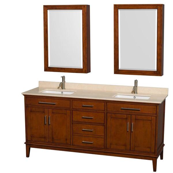 Wyndham Collection Hatton 72 in. Vanity in Light Chestnut with Marble Vanity Top in Ivory, Square Sink and Medicine Cabinet